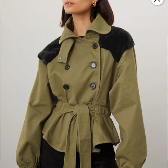 Marissa Webb Green Faux Fur Trim Belted Cropped Trench Coat| Size 4 - Picture 1 of 12